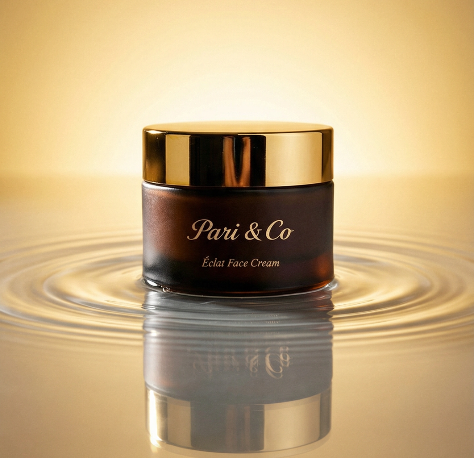 Jar of Pari & Co. face cream on a reflective surface with a warm glow